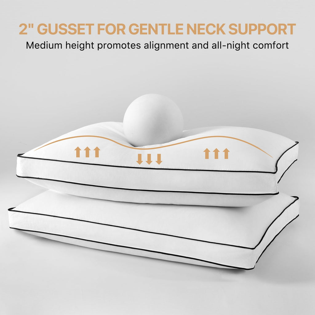 Decorative Plump Gusseted Feather Down Pillow Set of 2, Medium Firm Hotel Bed Pillows 2 Pack, Queen Size for Side Sleepers, 20 x 30 in - Ergonomic Memory Foam Pillow for Neck Pain Support Detail