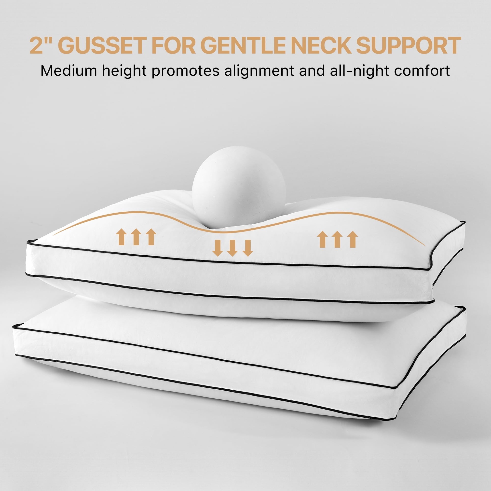 Decorative Plump Gusseted Feather Down Pillow Set of 2, Medium Firm Hotel Bed Pillows 2 Pack, Queen Size for Side Sleepers, 20 x 30 in - Ergonomic Memory Foam Pillow for Neck Pain Support Detail