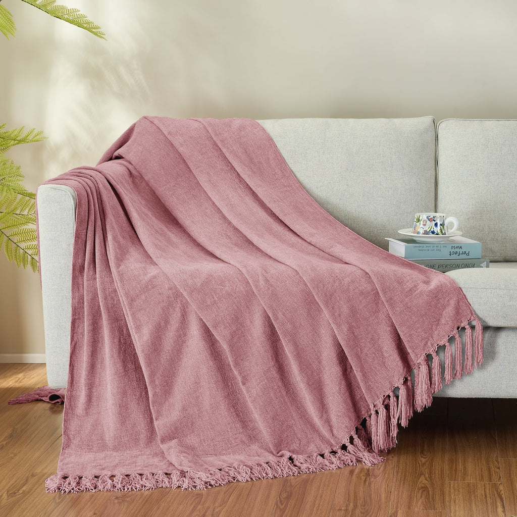 Decorative Knitted Chenille Throw Blanket with Fringe Tassel for Couch Sofa Chair Bed, Mauve 50" X 70" - Luxury Knitted Decorative Throw Blanket with Fringes Detail