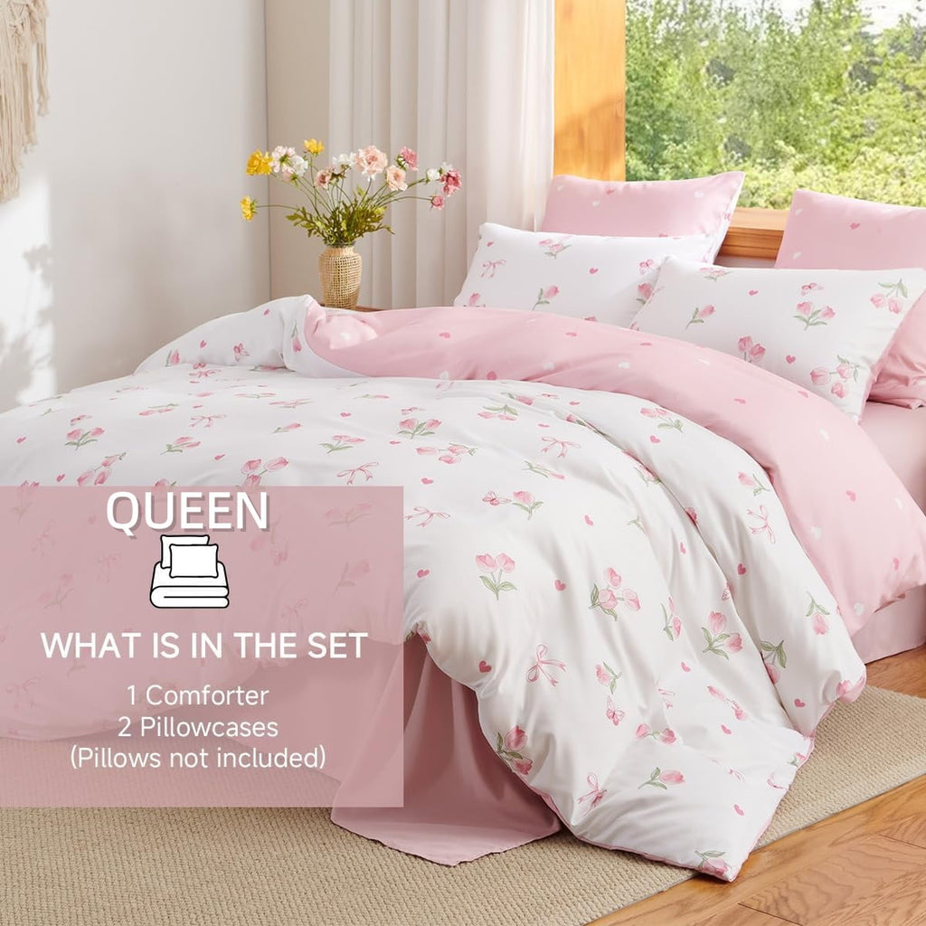 Heavyweight Warmth Pink Tulip Queen Comforter Set, 3-Piece Pink Flowers Reversible Soft Bedding Set or Adults All Season - Hypoallergenic Ultra-Fluffy Quilt for Winter Detail