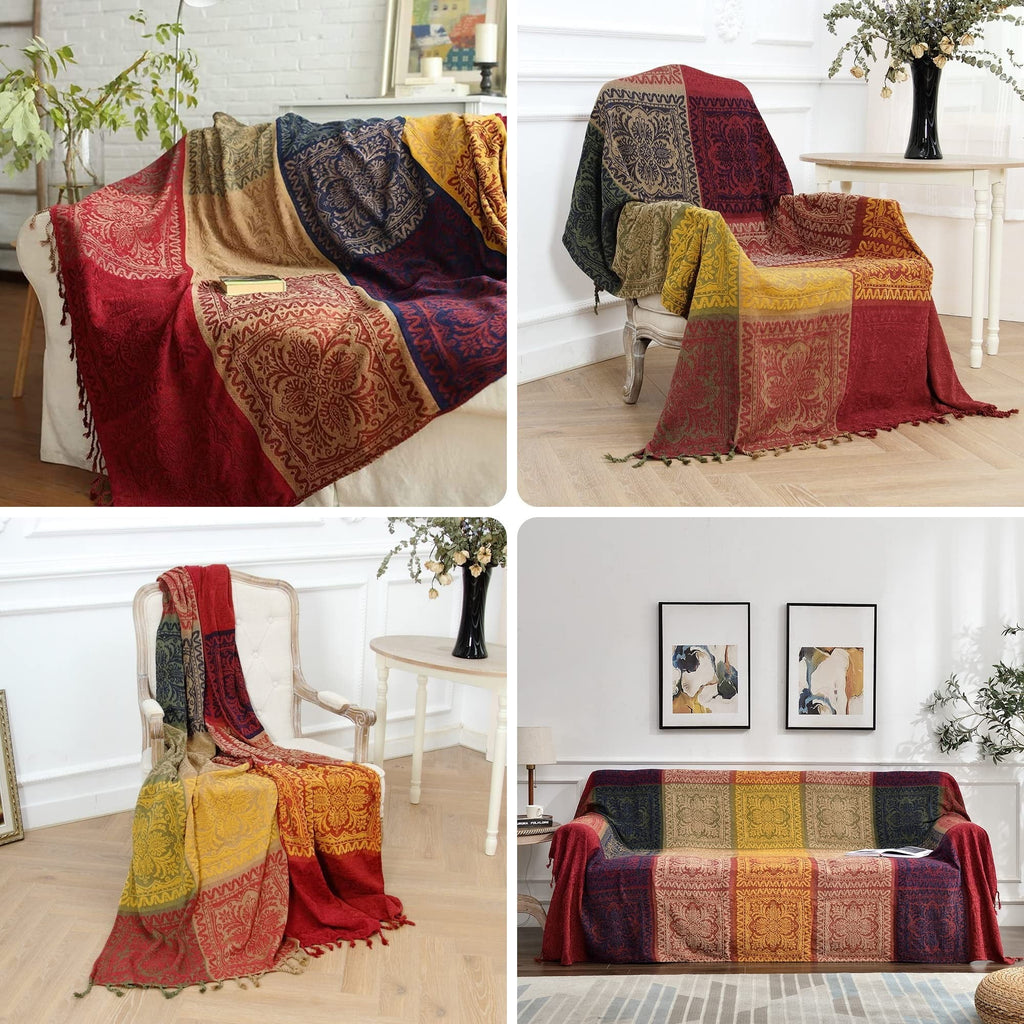 Reversible Sherpa 75x60 Inch Machine Wash Boho Tribal Throws Blankets Colorful Bohemian Hippie Chenille Throw Covers Couch Furniture So... - Lightweight Plush Warm Blanket for All Seasons Detail