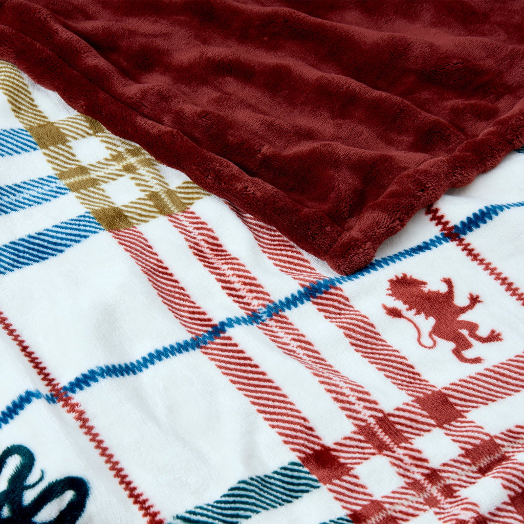 Reversible Sherpa Academic Plaid Tartan Crest with Faux Leather Patch and Milky Mink Reverse Throw, 60x70 inches - Super Soft Reversible Sherpa Flannel Blanket Detail