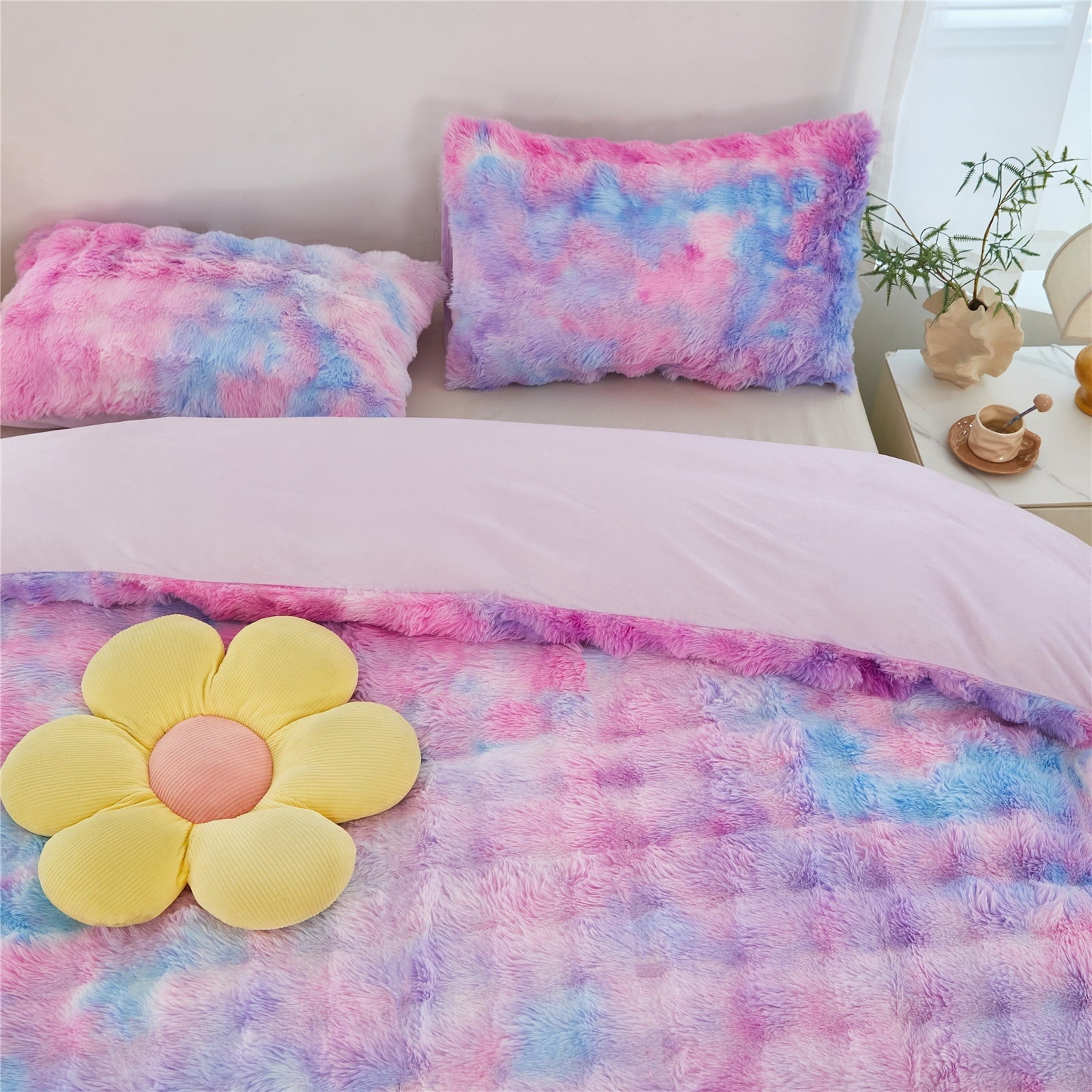Heavyweight Warmth Faux Rabbit Fur Comforter Set Twin 3Pcs Girls Blue Purple Bedding Set Tie-Dyeing Soft Bed Comforter Set Warm Fuzzy Ki... - Luxurious Quilted Duvet Cover Set Detail