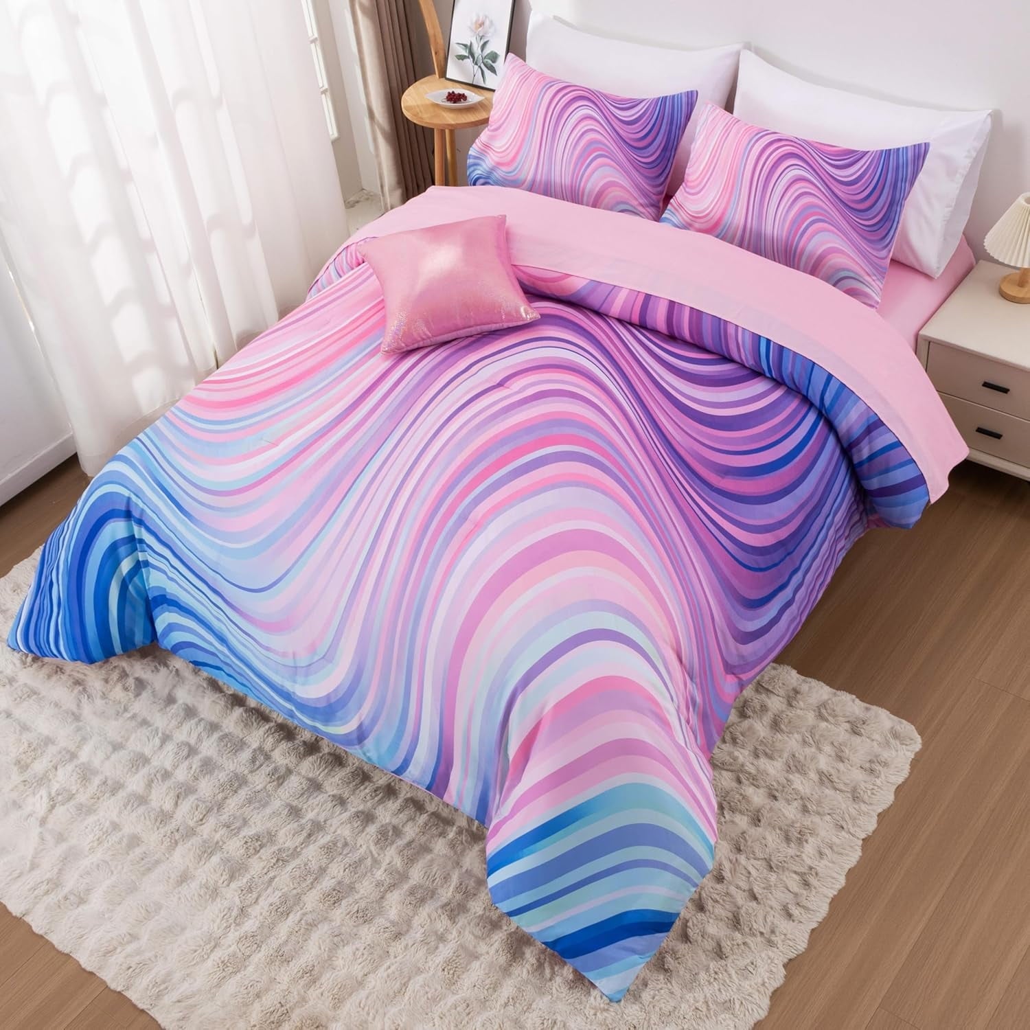 Fluffy Down Alternative 6 Pieces Gradient Star Ring Comforter Set, Colorful Glitter Rainbow Wave Stripes Pattern Bedding Set for Boys Girls T... - Luxurious Quilted Duvet Cover Set Detail