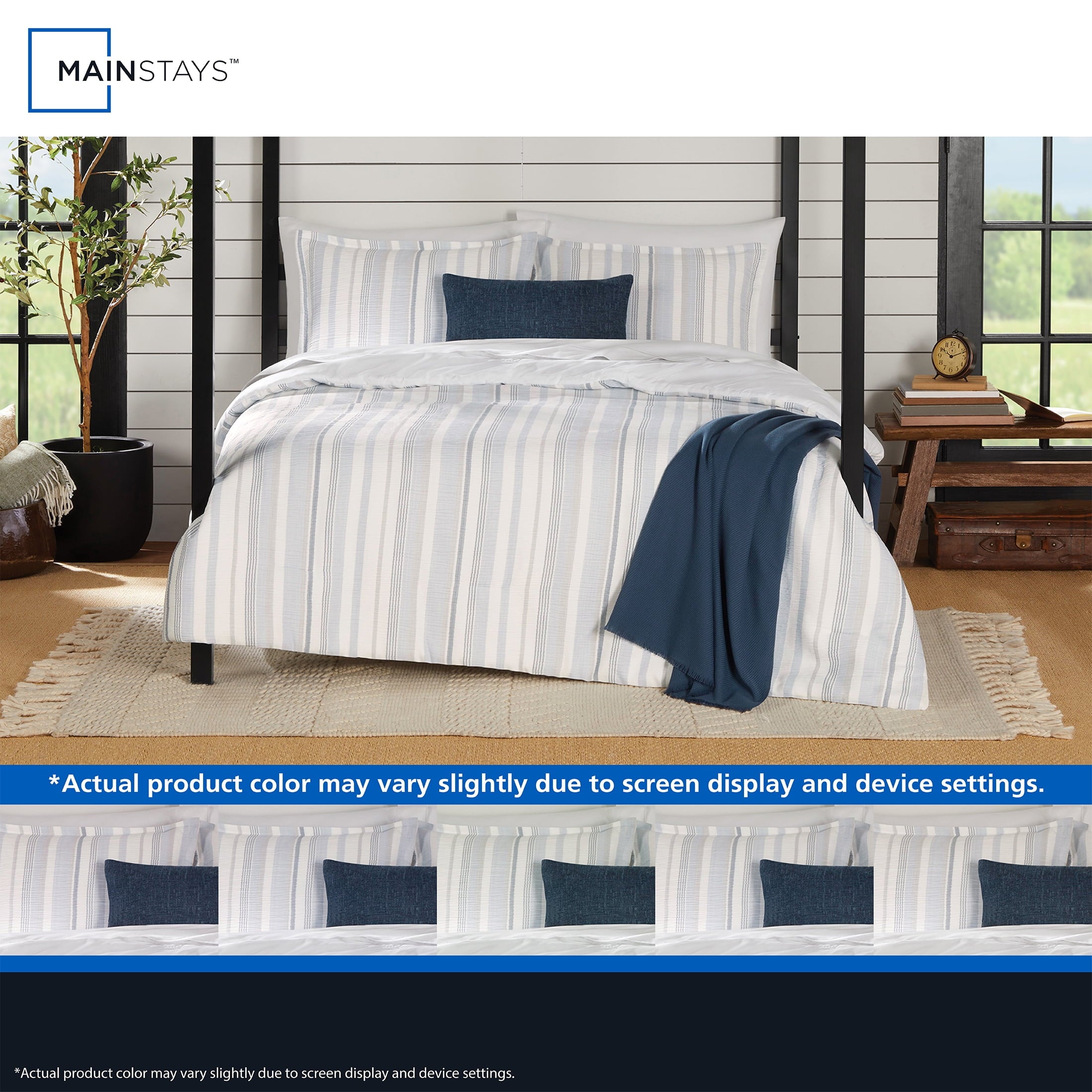 Fluffy Down Alternative Full/Queen Comforter Set, All-Season, 5-Piece, Blue Yarn Dyed Stripe - Luxurious Quilted Duvet Cover Set Detail