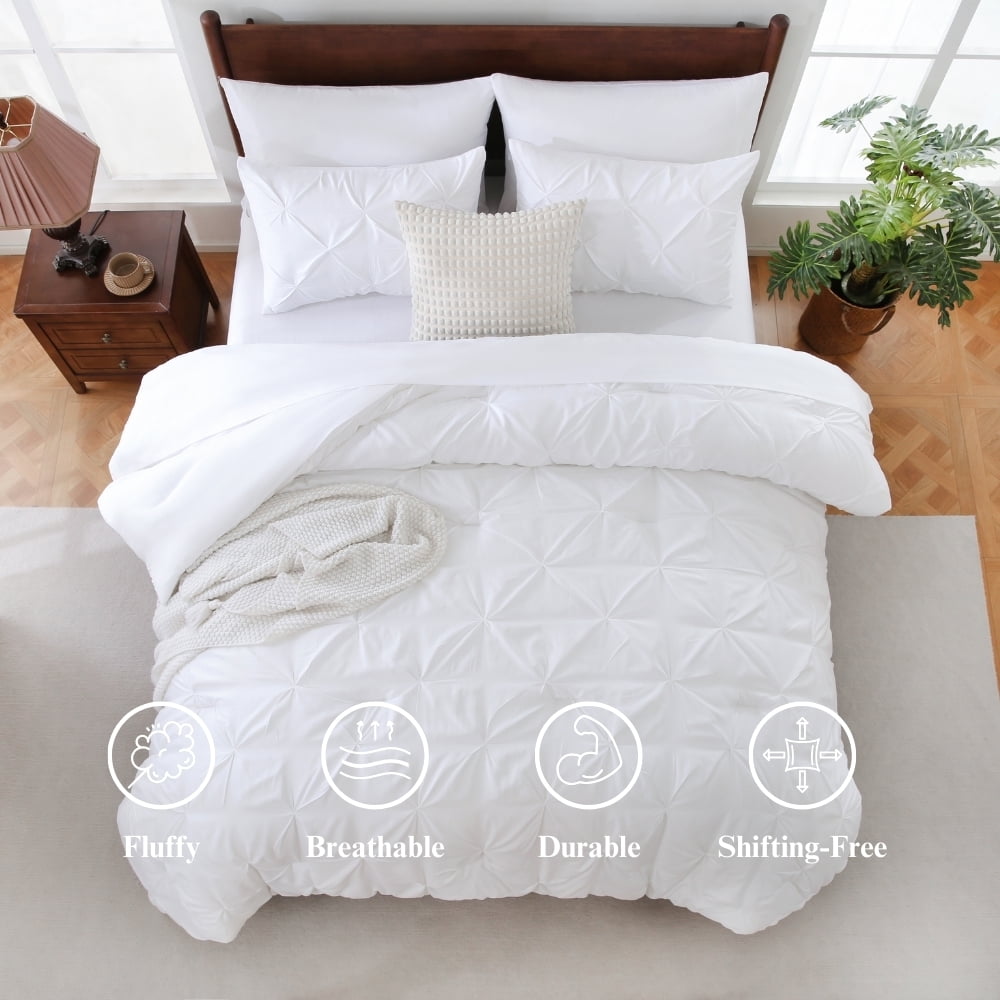 Heavyweight Warmth 7 Pieces Pinch-Pleated Comforter Set, White Queen Size - Hypoallergenic Ultra-Fluffy Quilt for Winter Detail