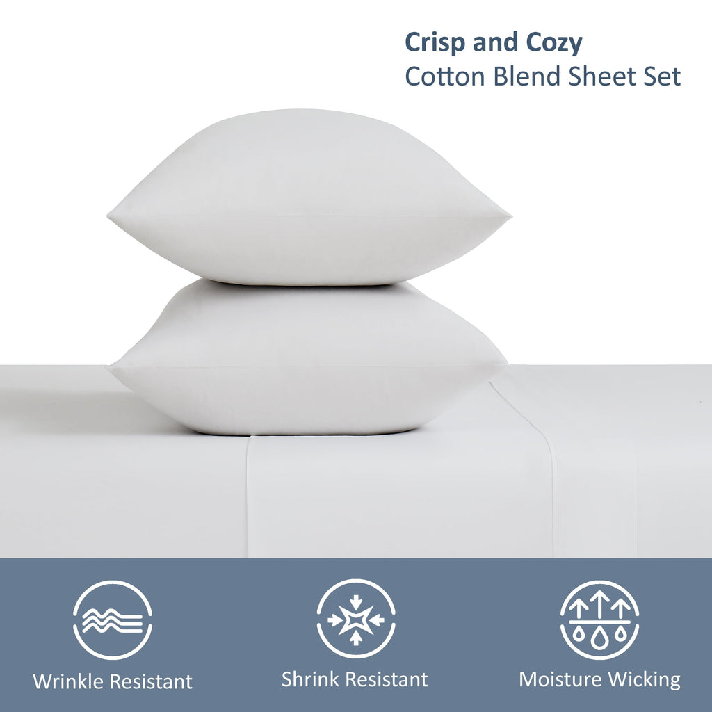 Cooling Sateen 4-Piece 300 Thread Count White Cotton Blend Percale Bed Sheet Set, Queen - Premium Ultra-Soft Pillowcase Pair for Sleeping Detail