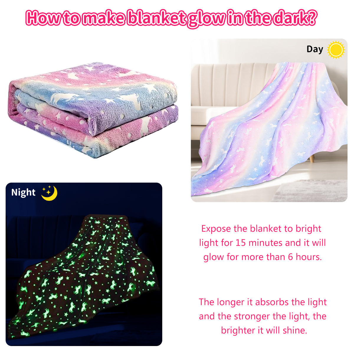 Super Soft Flannel Glow in The Dark Pony Blanket for Kids, 50"x60" Soft Cozy Luminous Flannel Blanket, Christmas Birthday Gift for Girls... - Super Soft Reversible Sherpa Flannel Blanket Detail
