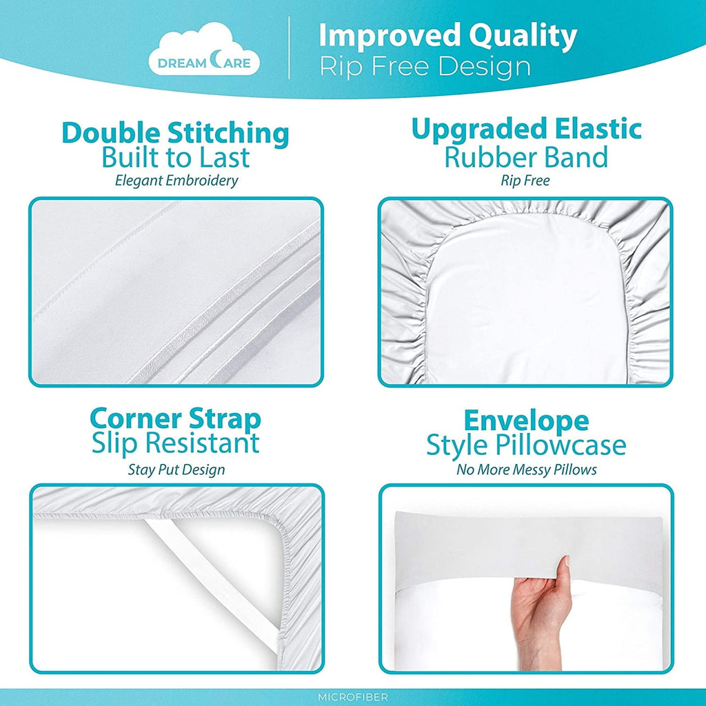 Cooling Sateen Bed Sheets Set - Queen Size Sheet with Side Pocket - 4pcs Set, 15 inches, White - Premium Ultra-Soft Pillowcase Pair for Sleeping Detail