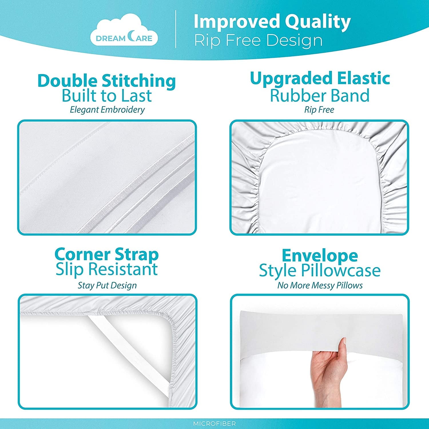 Cooling Sateen Bed Sheets Set - Queen Size Sheet with Side Pocket - 4pcs Set, 15 inches, White - Premium Ultra-Soft Pillowcase Pair for Sleeping Detail