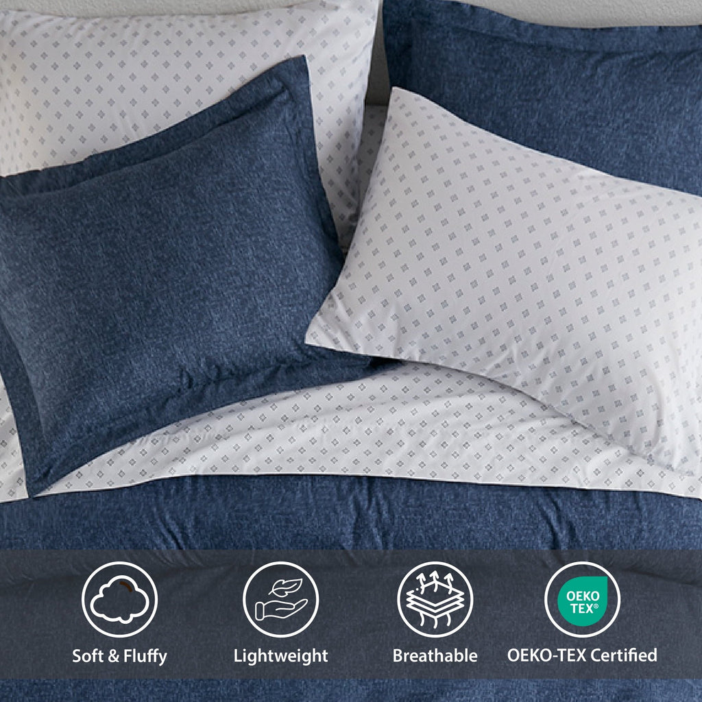 All-Season Queen Size Comforter Set, 7-Piece Reversible Bed in a Bag with Sheets, Navy - Cloud-Like Soft Lightweight Bed Comforter Detail