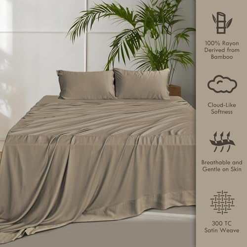 Wrinkle-Resistant Home 4-Piece Queen Bamboo Bed Sheet Set, 100% Organic Cooling Fabric, 16" Deep Pocket, Taupe - Premium Ultra-Soft Pillowcase Pair for Sleeping Detail