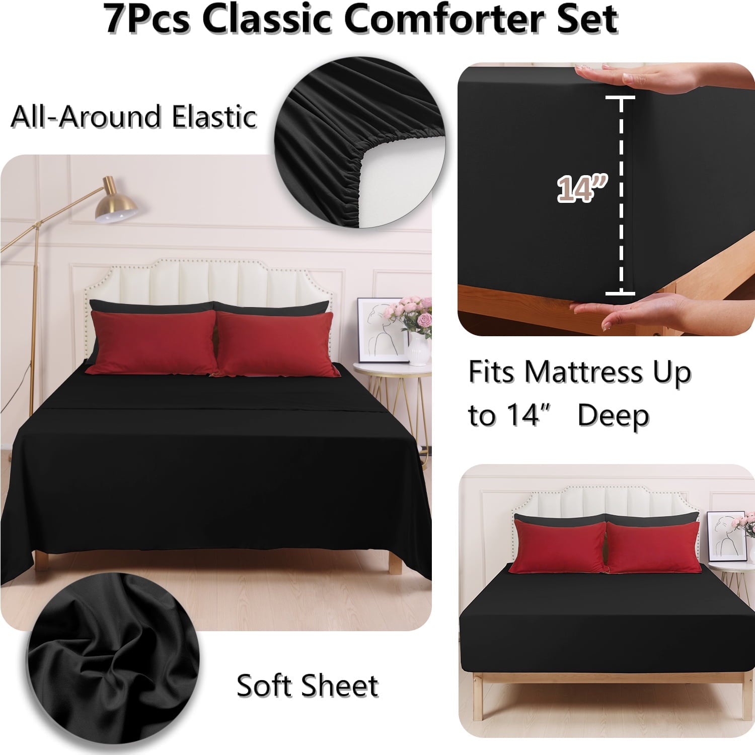 Hypoallergenic Cloud 7 Piece Reversible Queen Comforter Set - Red Quilted Down Alternative Bedding All Season Super Soft Microfiber Bed in... - All-Season Down Alternative Comforter Insert Detail