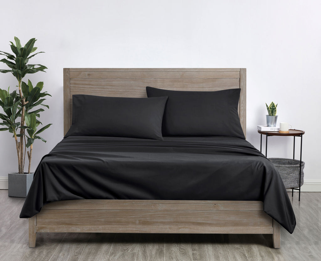 Premium Egyptian Cotton Microfiber Bed Sheet Set, Queen, Rich Black, 4 Piece - Luxury Bed Sheet Set with Deep Pockets Detail