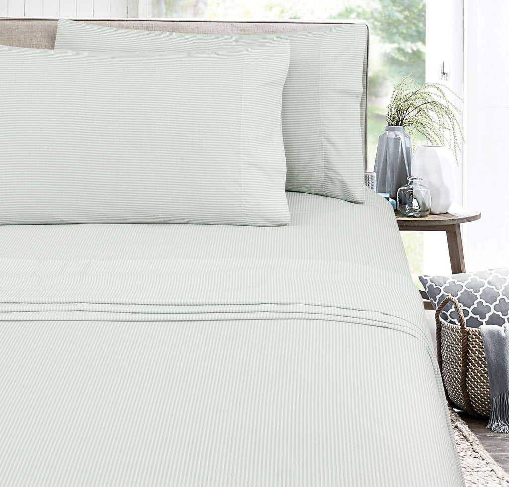 Breathable Luxury Easy Care 300 Thread Count Cotton Rich Percale Sheet Set, King, Grey Stripes - Cooling Hotel Quality Bedding Sheets and Pillowcases Detail