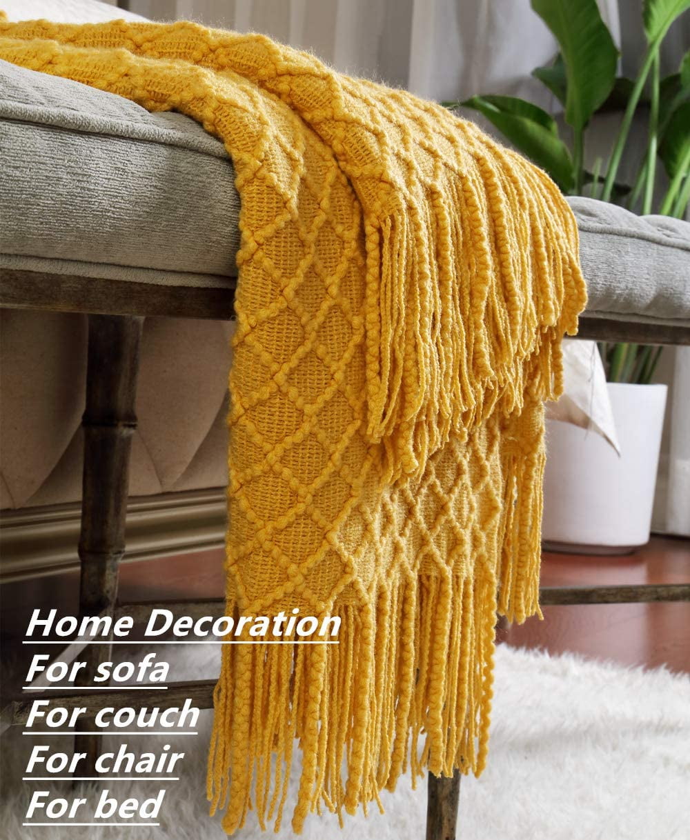 Super Soft Flannel Decorative Soft Spring Summer Fall Throw Blanket ,for Couch Sofa Chair Bed,50''X60'',Mustard Yellow - Super Soft Reversible Sherpa Flannel Blanket Detail