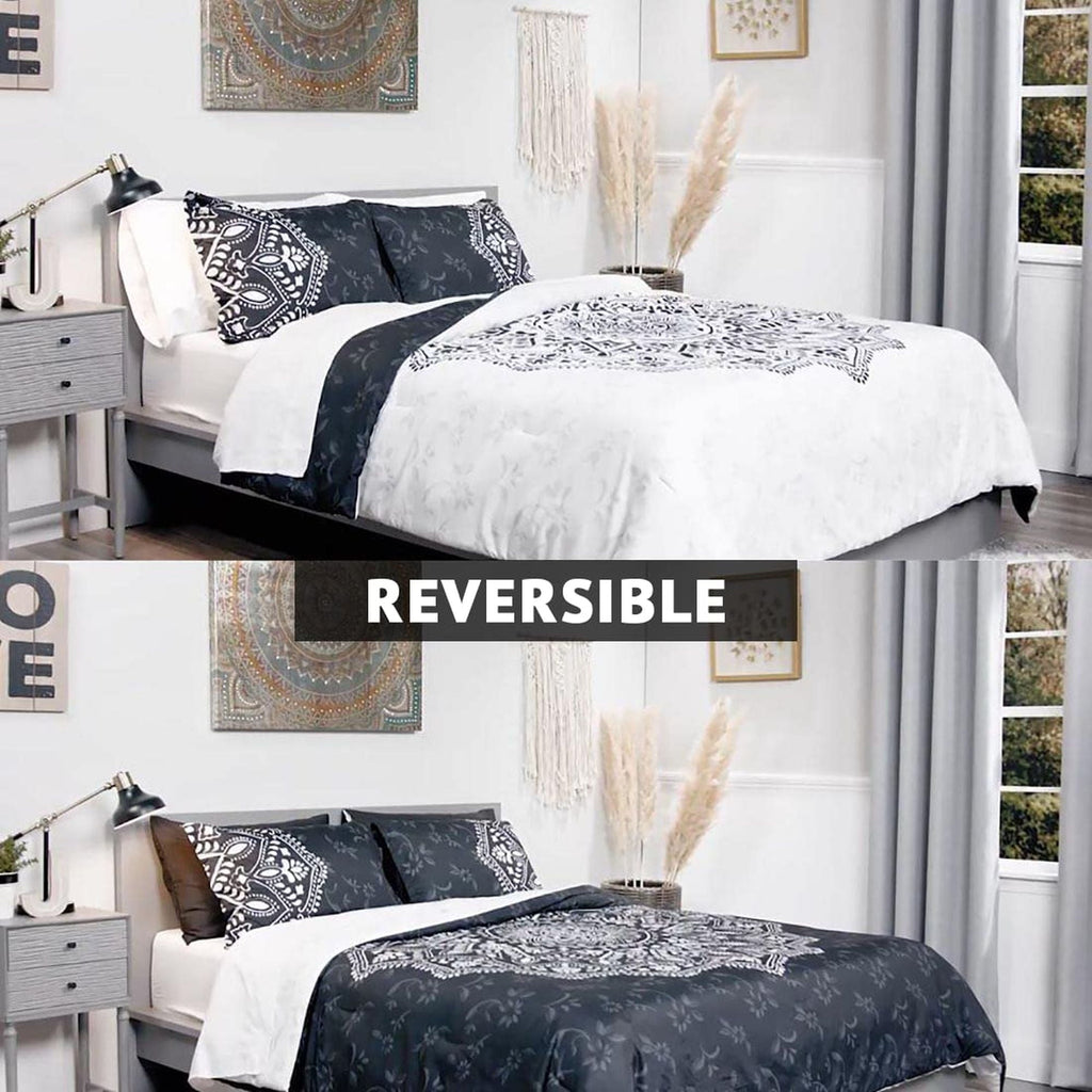 Luxurious Quilted Queen Comforter Set, Bedding Comforter Set Queen Size W/ Side Pockets, Black, 9 Pieces - Luxurious Quilted Duvet Cover Set Detail
