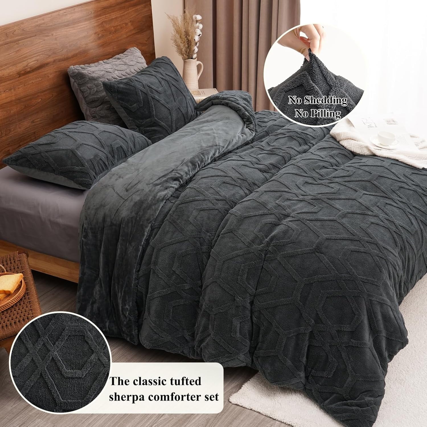 Heavyweight Warmth Warm Sherpa Fleece Queen Comforter Set, 3D Tufted Fluffy Dark Grey Bedding for Winter, Soft 3 Pieces Shaggy Bed Set, ... - All-Season Down Alternative Comforter Insert Detail