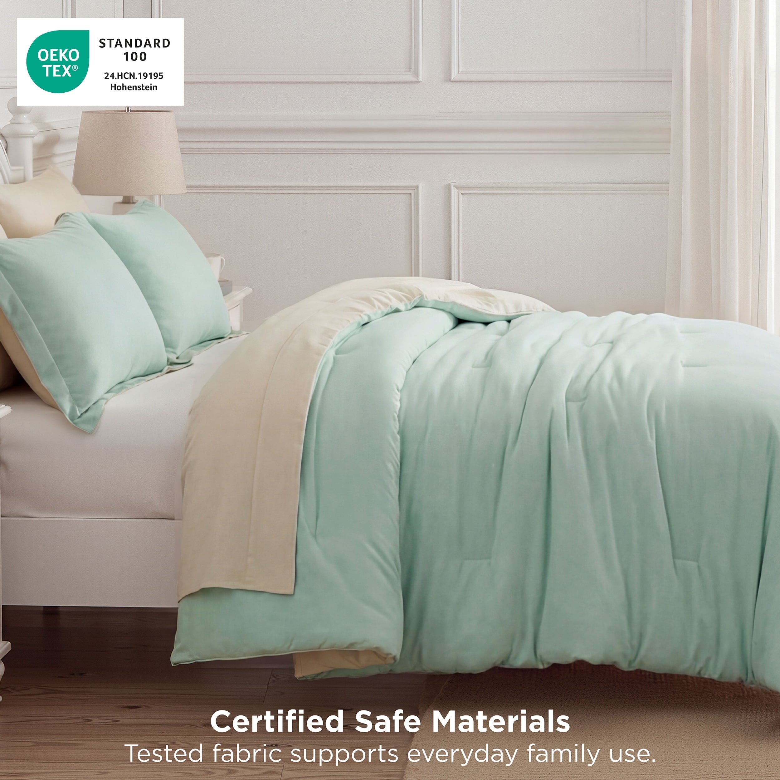 All-Season Queen Comforter Set Sage Green, 7 Pieces Lightweight Queen Bedding Sets, Contrasting Design - All-Season Down Alternative Comforter Insert Detail