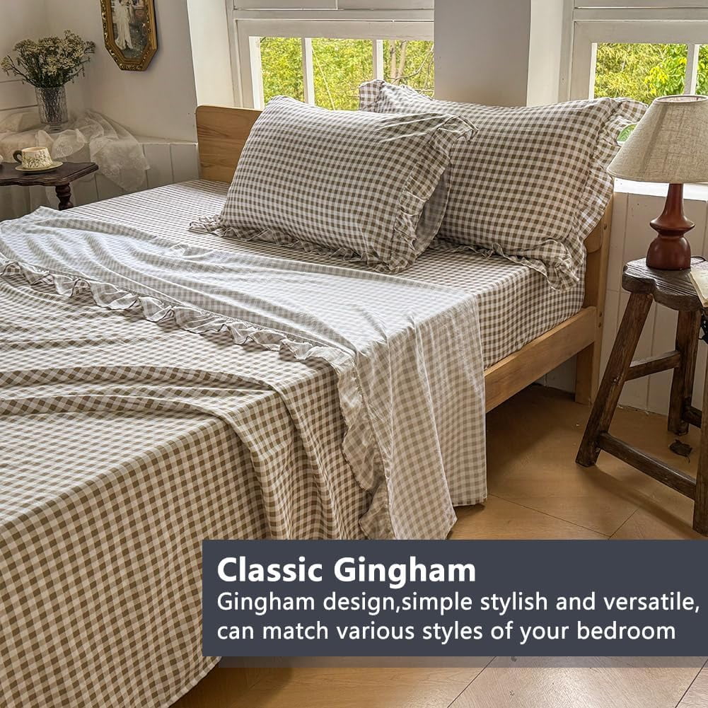 Premium Egyptian Cotton Tan Gingham Ruffle Queen Sheet Set, Taupe Soft Pre-Washed Microfiber Plaid Ruffled Queen Bed Sheets, 4-Pieces Farmhou... - Cooling Hotel Quality Bedding Sheets and Pillowcases Detail