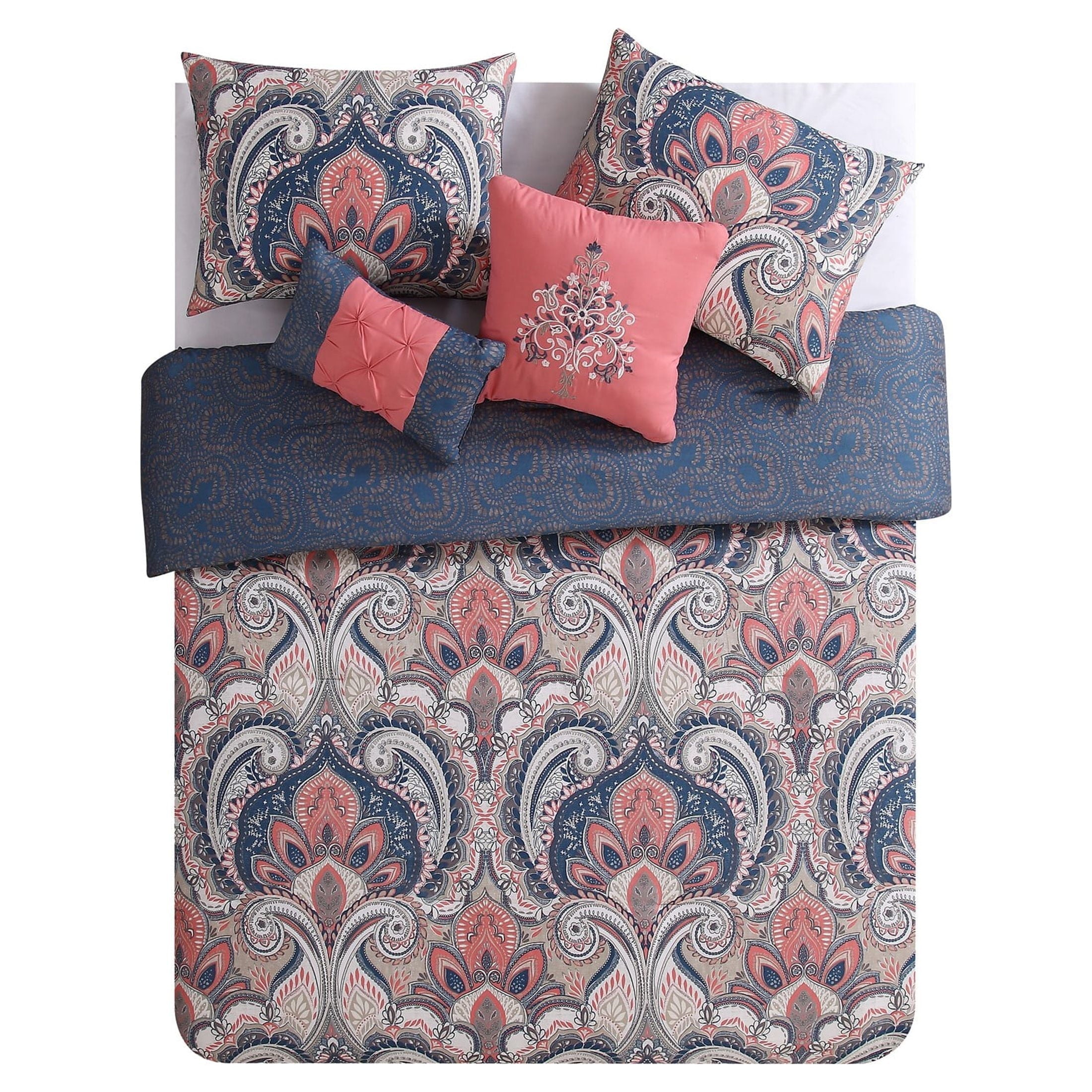 Hypoallergenic Cloud Casa Real 5-Piece Coral Damask Reversible Comforter Set, King, Adult, Unisex - All-Season Down Alternative Comforter Insert Detail