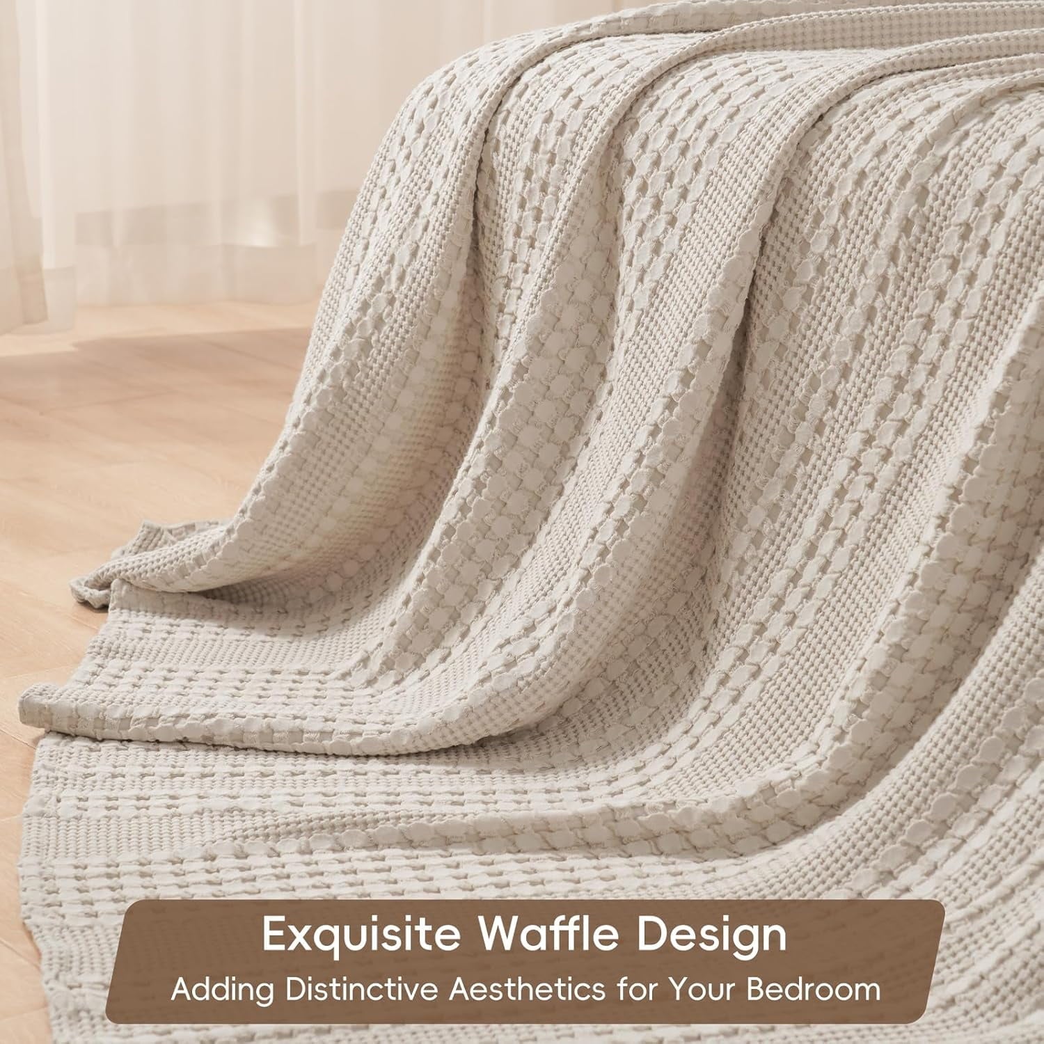 Lightweight Warm 100% Cotton Waffle Weave Blanket, Lightweight Throw Washed Blanket for Bed Sofa Home Decor, Oatmeal, 50"x60" - Lightweight Plush Warm Blanket for All Seasons Detail