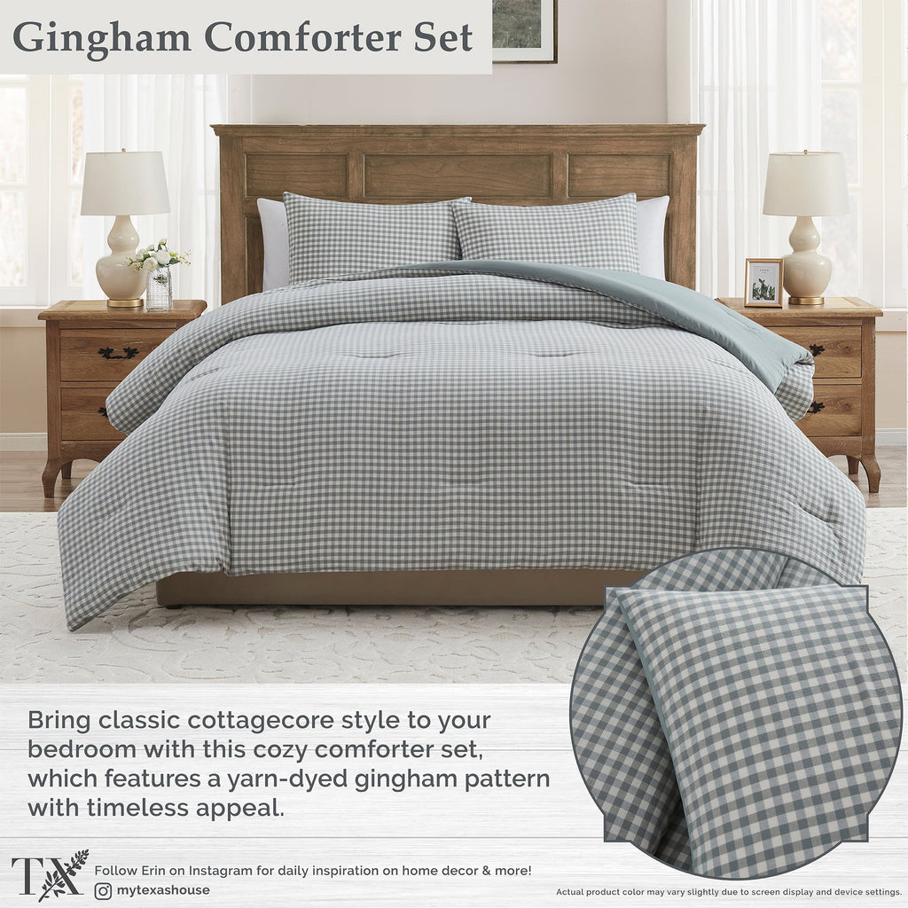 Fluffy Down Alternative Full/Queen Comforter Set, All-Season, 3-Piece, Green Gingham Plaid - All-Season Down Alternative Comforter Insert Detail