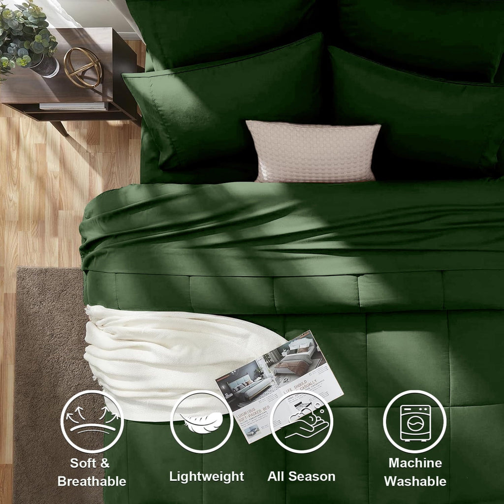 All-Season Queen Comforter Set Forest Green Bed in a Bag Queen Size 7 Pieces Soft Bed Set Lightweight Microfiber Green Bedding C... - Luxurious Quilted Duvet Cover Set Detail