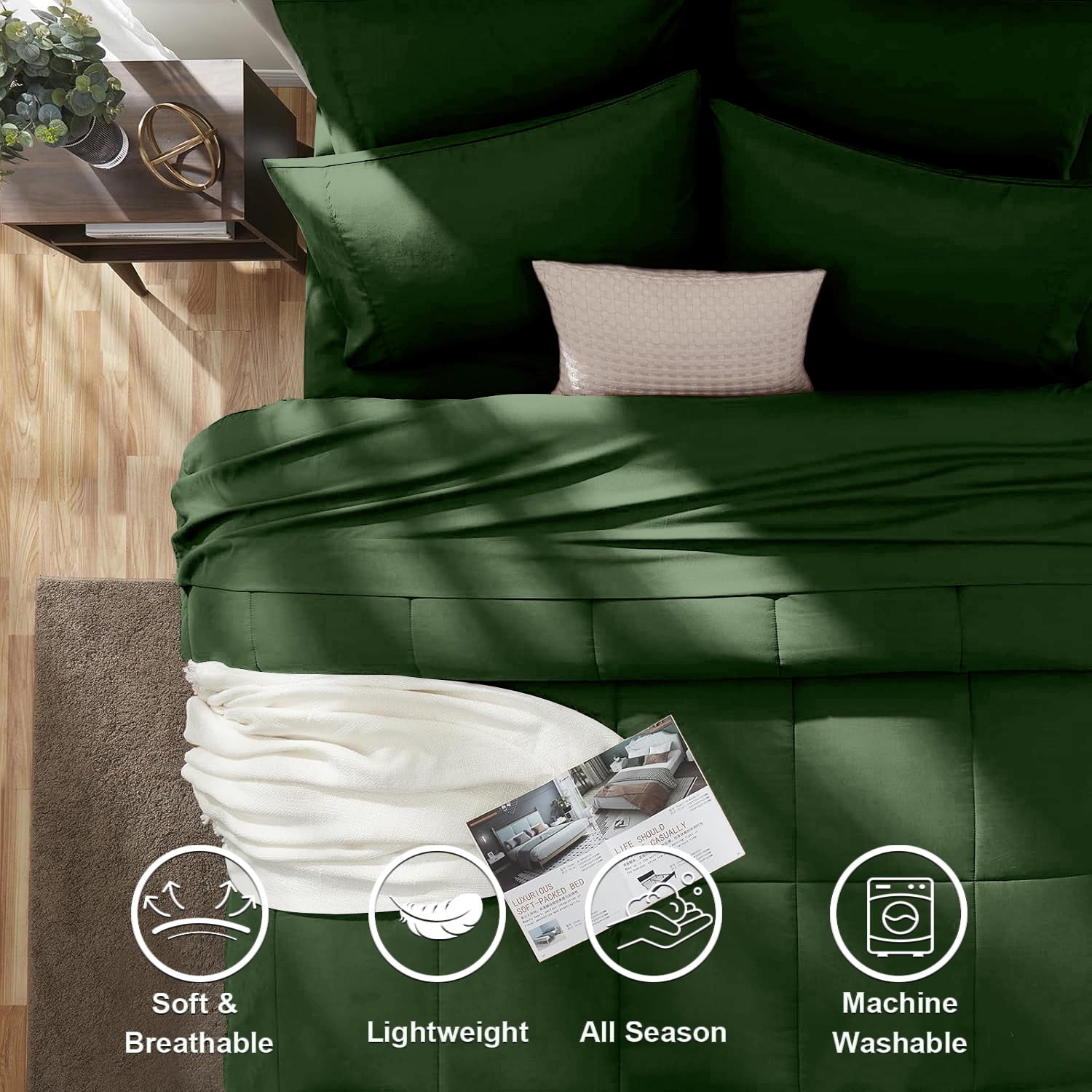 All-Season Queen Comforter Set Forest Green Bed in a Bag Queen Size 7 Pieces Soft Bed Set Lightweight Microfiber Green Bedding C... - Luxurious Quilted Duvet Cover Set Detail