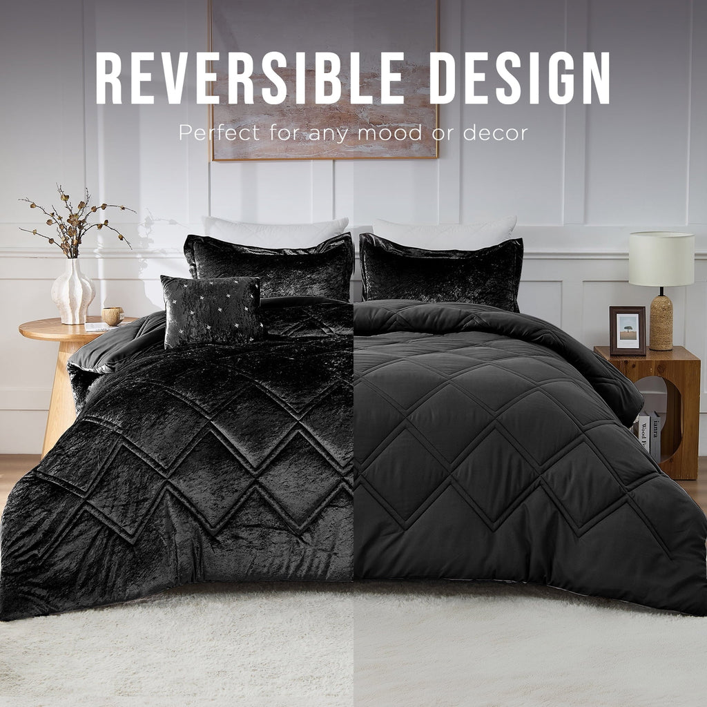 All-Season King/Cal King Size Comforter Sets, Velvet Bedding Comforter Set for All Seasons, Black Bedding Set with Decor Pillow - All-Season Down Alternative Comforter Insert - Default Title