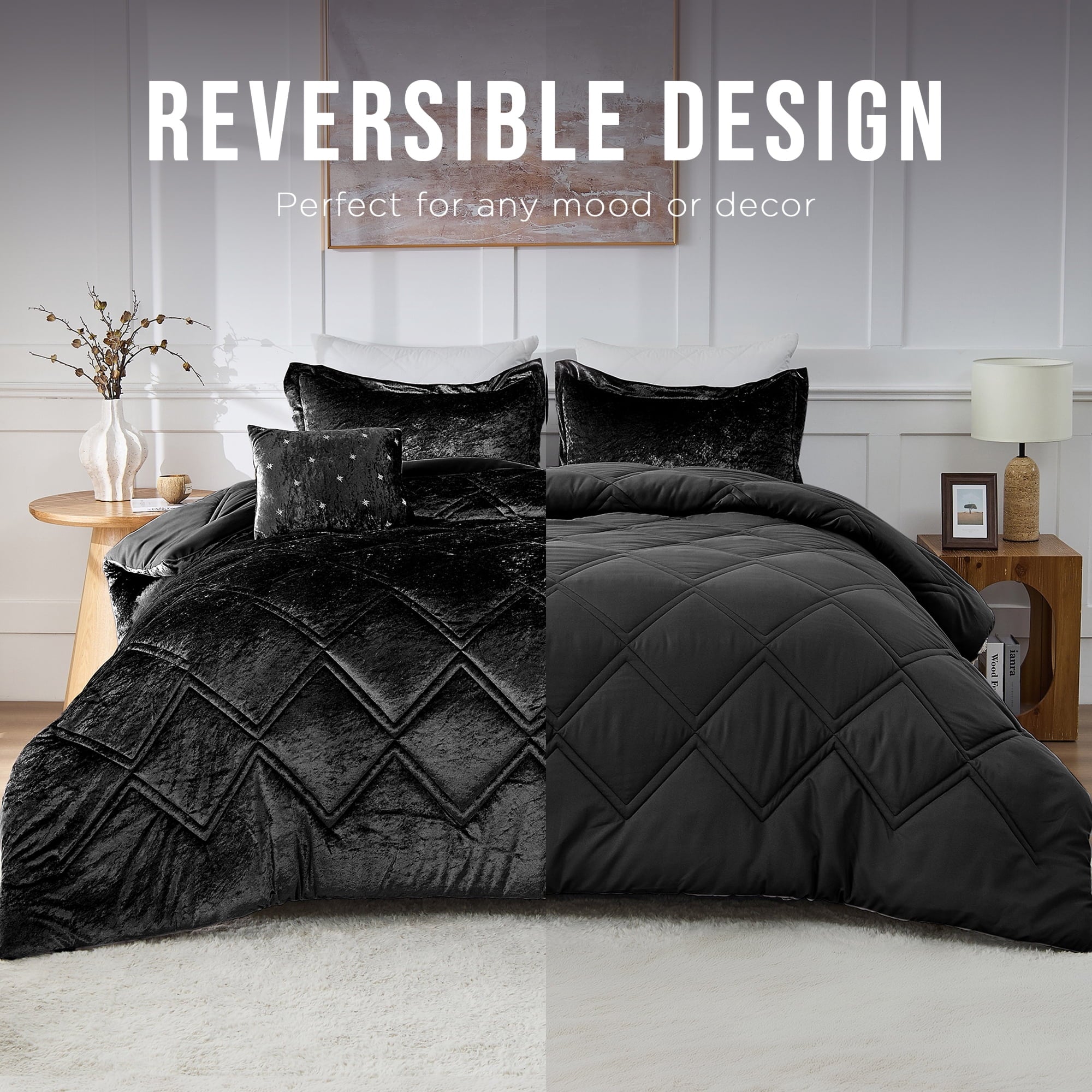 All-Season King/Cal King Size Comforter Sets, Velvet Bedding Comforter Set for All Seasons, Black Bedding Set with Decor Pillow - All-Season Down Alternative Comforter Insert - Default Title