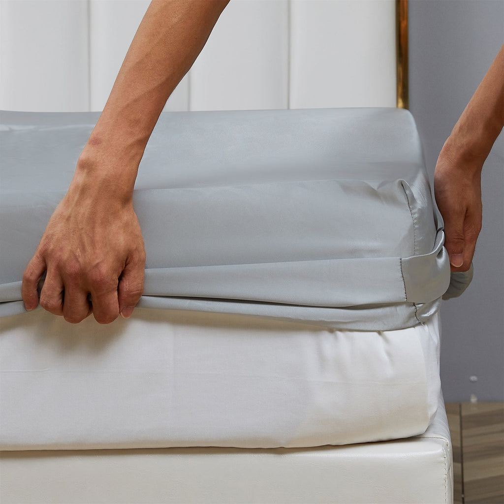 Premium Egyptian Cotton Satin Fitted Sheet King Size 14 Inch Deep Pocket Bed Sheet Silk Sheet Ultra Soft Machine Washable, Light Gray - Luxury Bed Sheet Set with Deep Pockets Detail