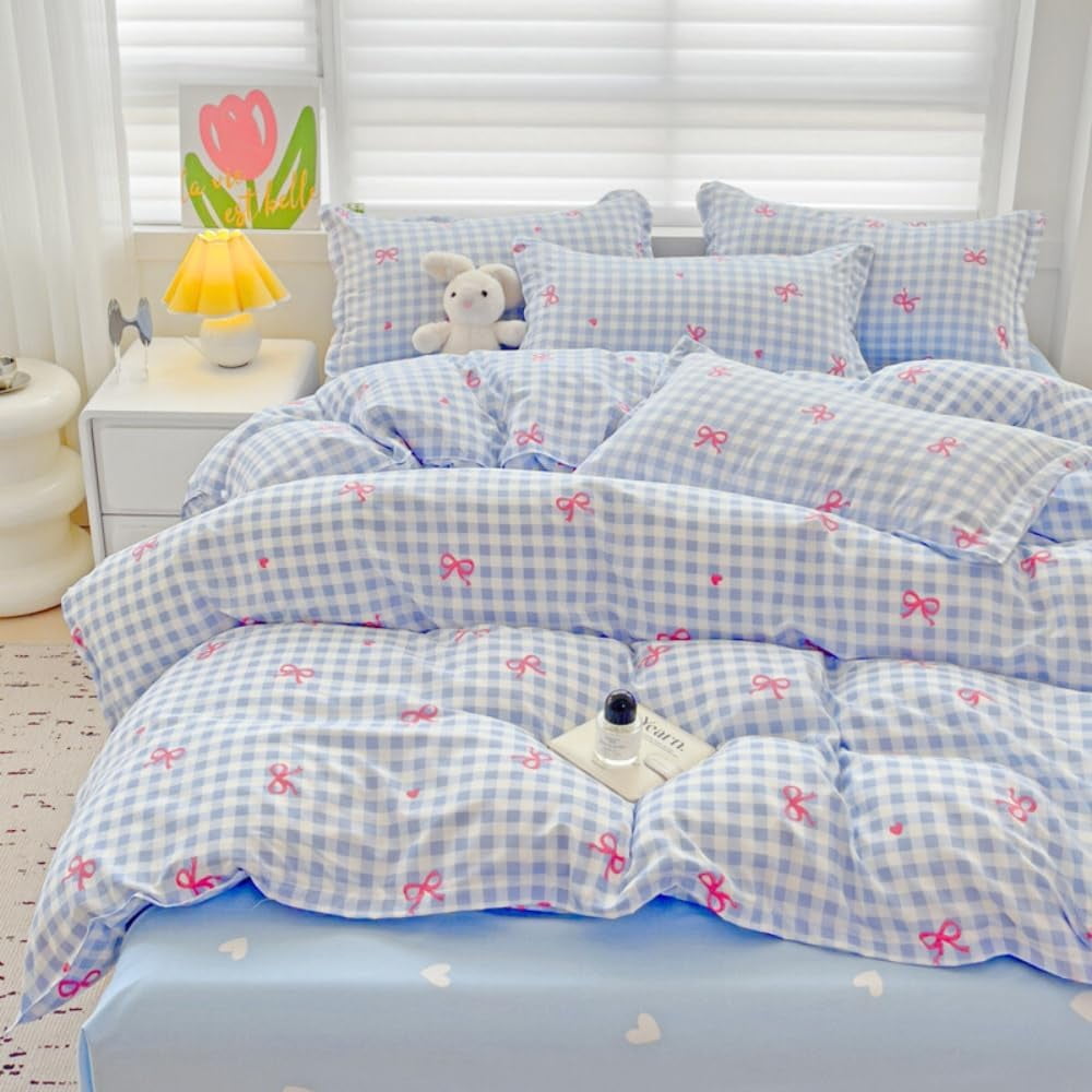 Hypoallergenic Cloud 3-Piece Blue Plaid Pink Bows Comforter Full Set , Cute Soft Bedding Set for Kids Adults - All-Season Down Alternative Comforter Insert Detail