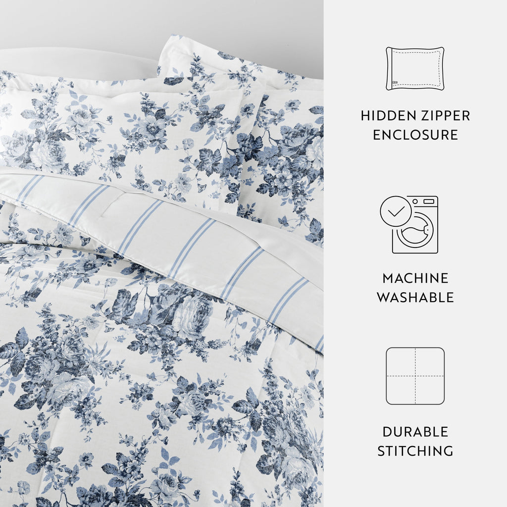 Heavyweight Warmth Down Alternative Cabbage Rose Stripe Stone Reversible Comforter Set - Luxurious Quilted Duvet Cover Set Detail