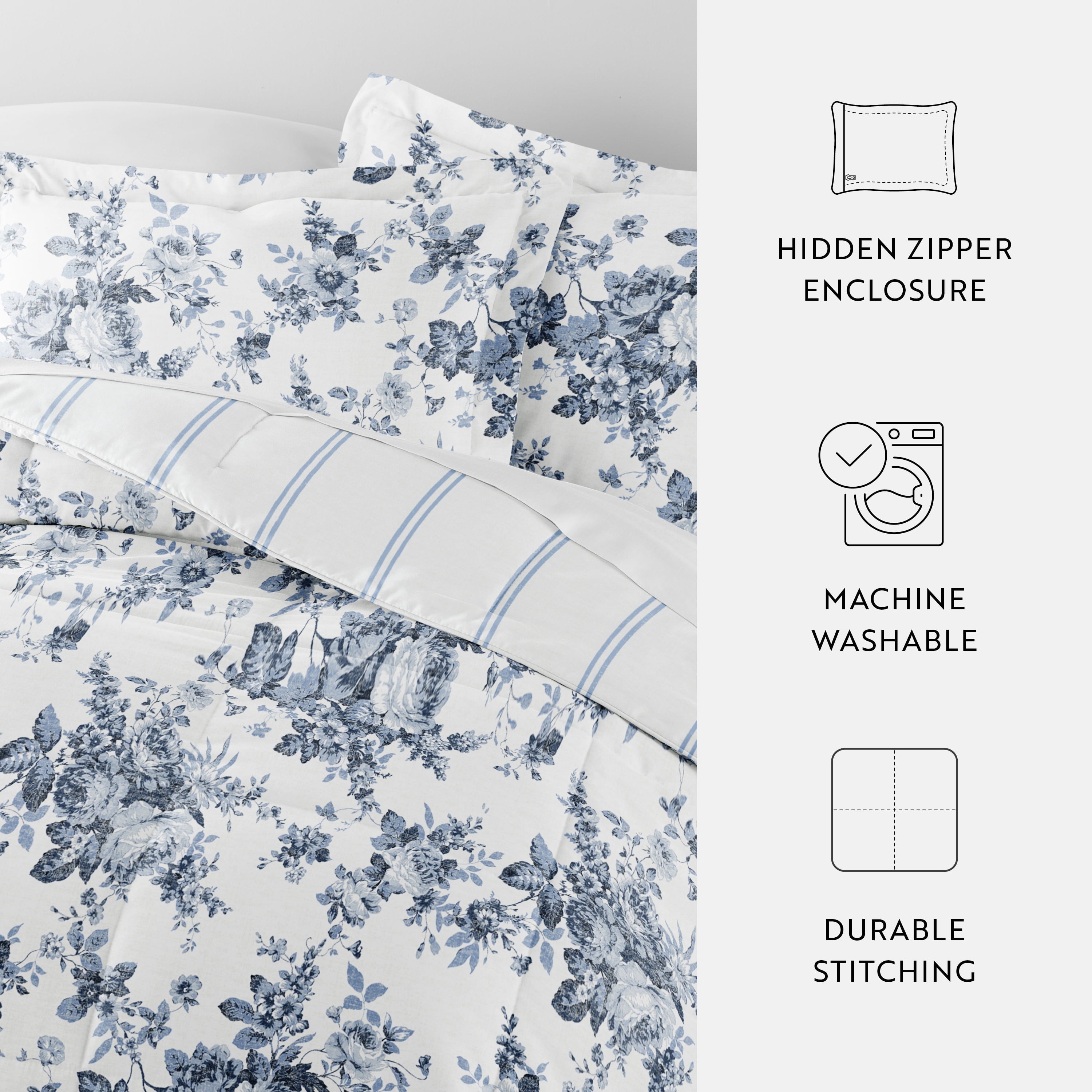 Heavyweight Warmth Down Alternative Cabbage Rose Stripe Stone Reversible Comforter Set - Luxurious Quilted Duvet Cover Set Detail