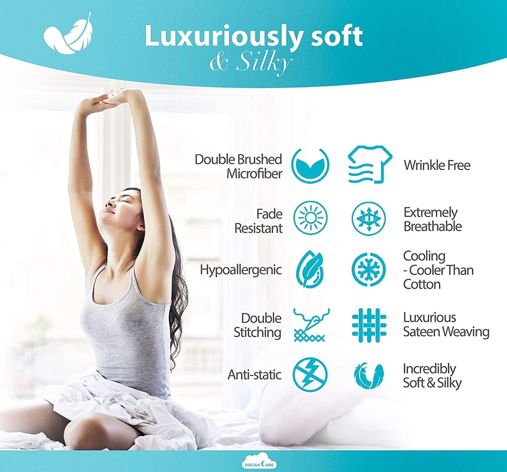 Cooling Sateen Bed Sheets Set - Queen Size Sheet with Side Pocket - 4pcs Set, 15 inches, White - Premium Ultra-Soft Pillowcase Pair for Sleeping Detail
