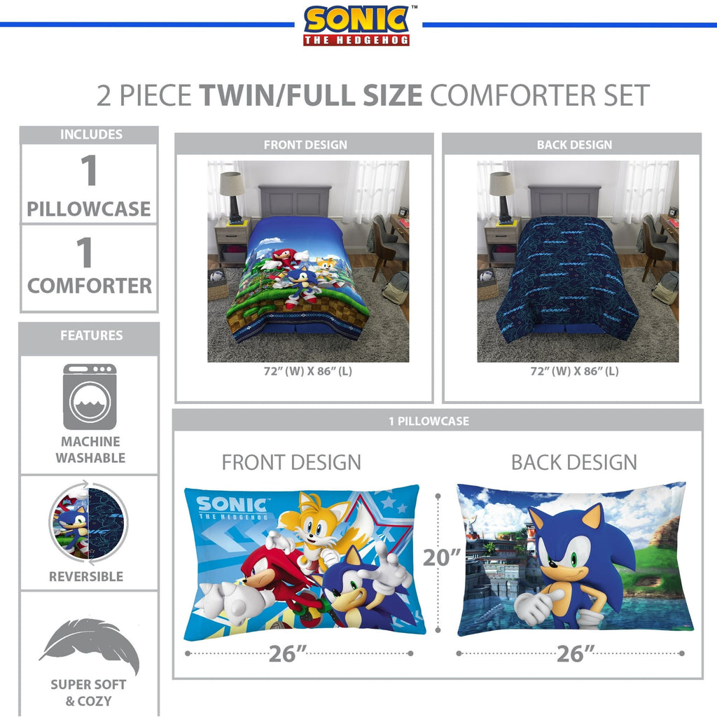 All-Season Sonic the Hedgehog Kids 2 Piece Blue Green Reversible Comforter and Pillowcase set, Twin/full - All-Season Down Alternative Comforter Insert Detail
