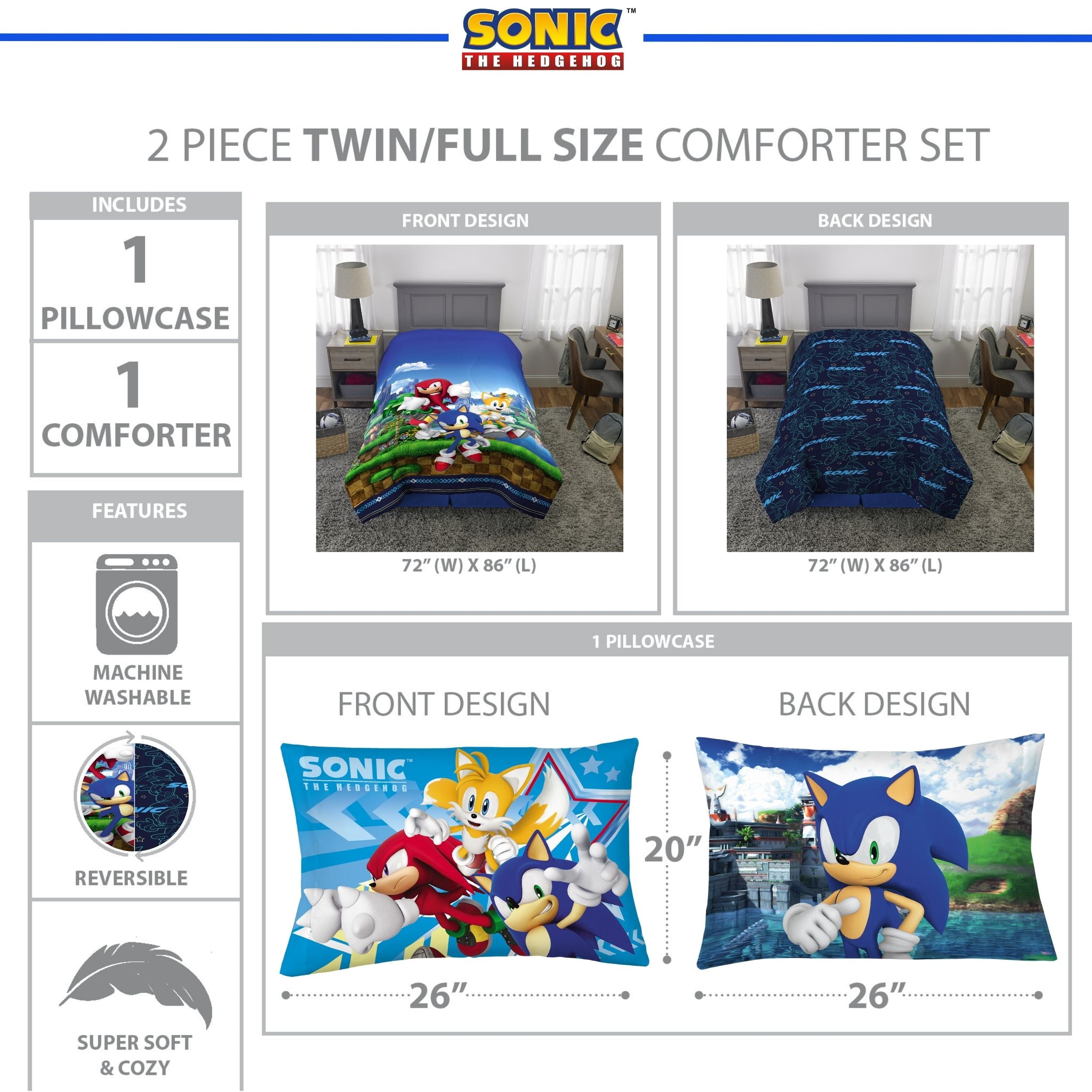 All-Season Sonic the Hedgehog Kids 2 Piece Blue Green Reversible Comforter and Pillowcase set, Twin/full - All-Season Down Alternative Comforter Insert Detail
