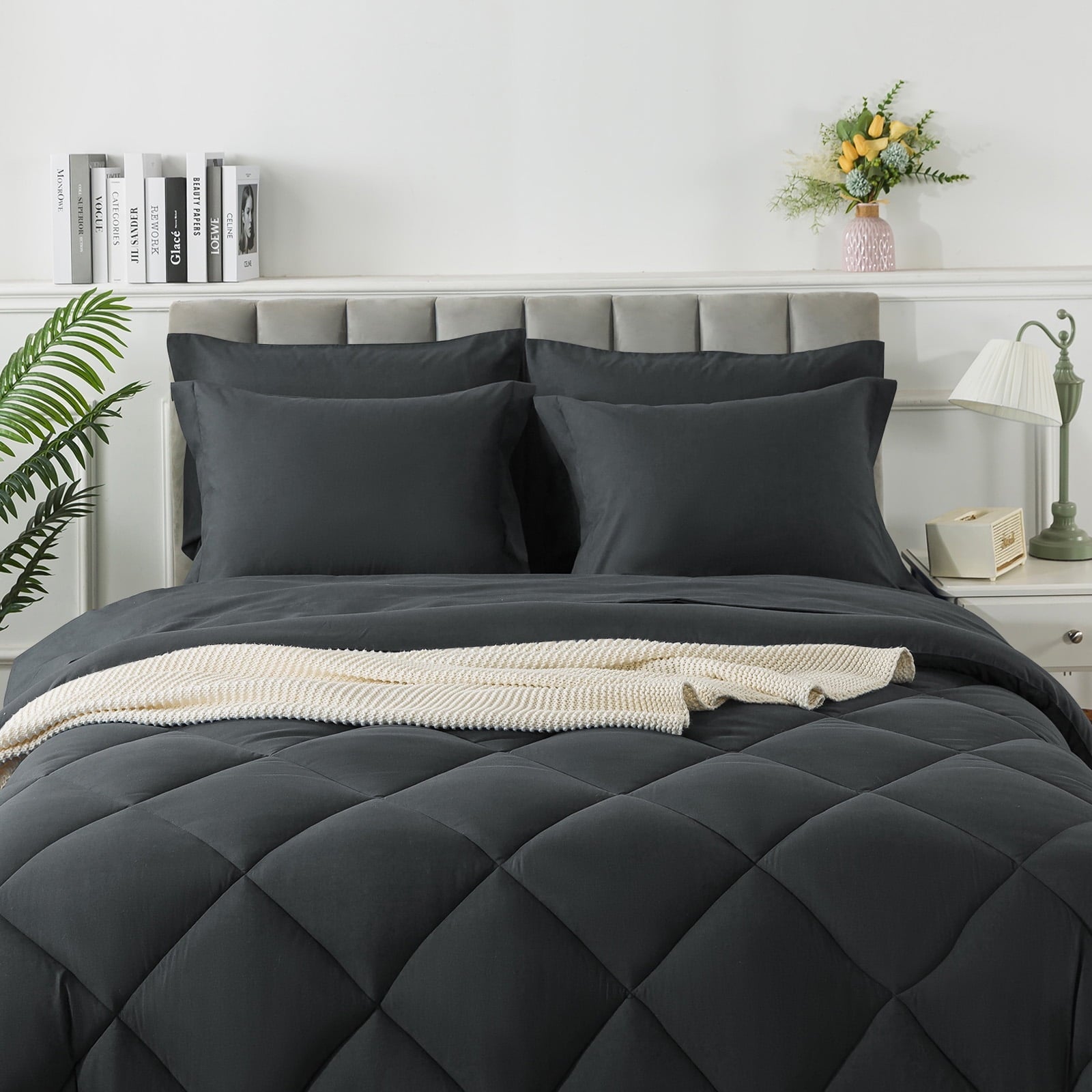 Hypoallergenic Cloud Queen Bed in a Bag Comforter Set with 7 Pieces - Dark Gray All Season Bedding Sets with Comforter, Pillow Shams, Flat... - Luxurious Quilted Duvet Cover Set Detail