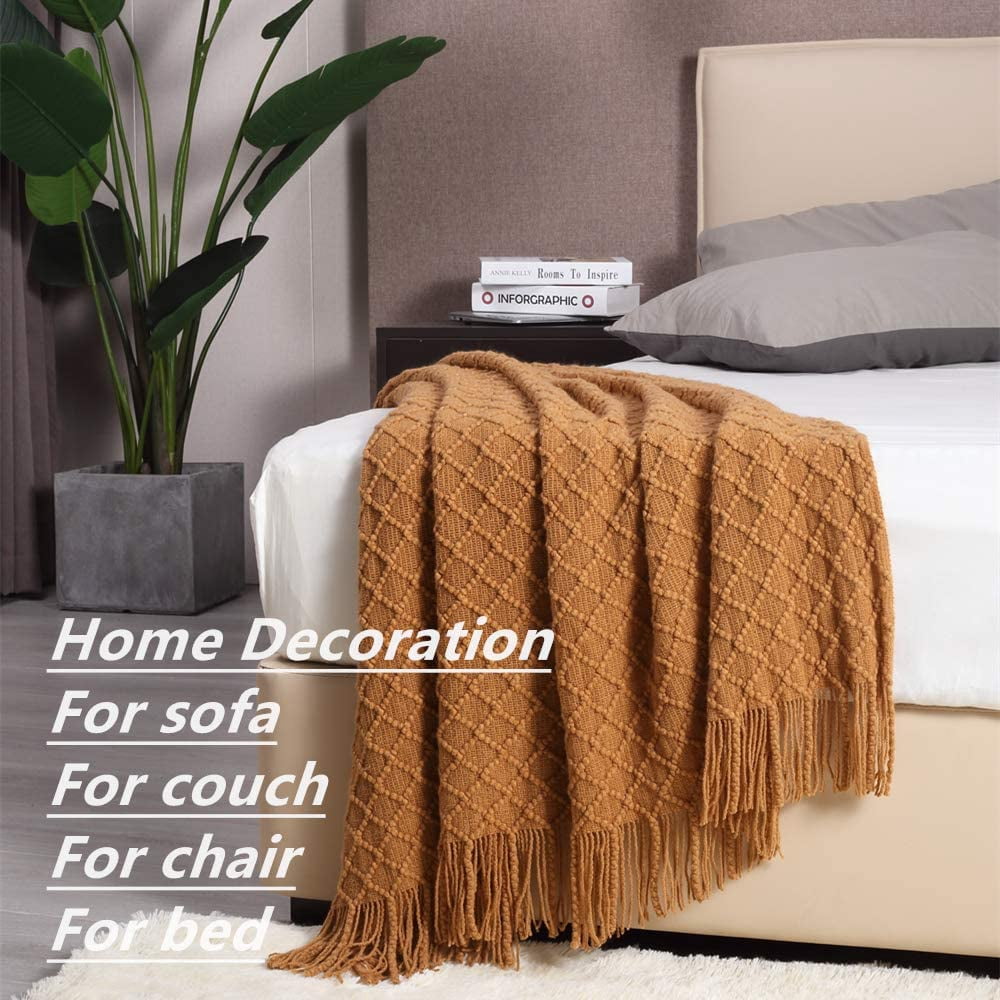 Super Soft Flannel Home Decor Rustic Couch Sofa Chair Bed Throw Blanket, Soft Warm Light Weight in Spring Summer (50''X60'' Brown) - Luxury Knitted Decorative Throw Blanket with Fringes Detail