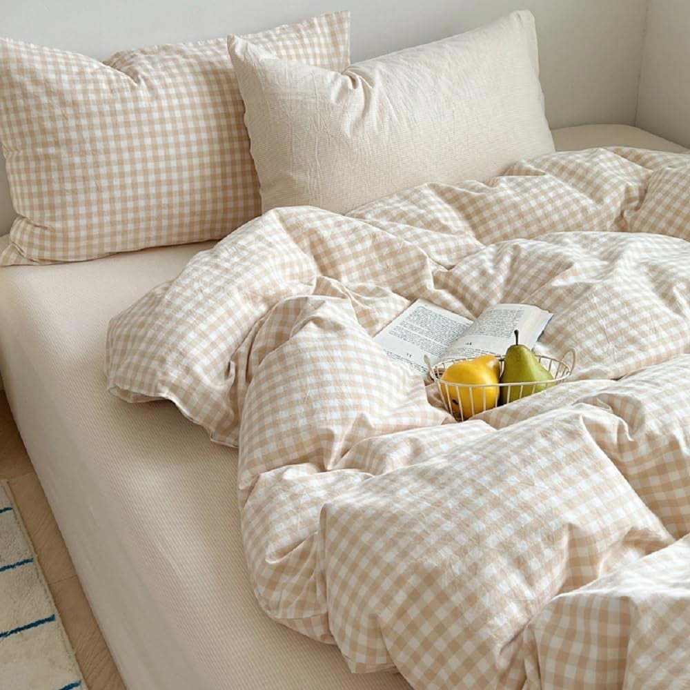 All-Season Soft Beige White Plaid Comforter Twin Sets, 2 Pieces Breathable Plaid Buffalo Checkered Comforter for All Season - Hypoallergenic Ultra-Fluffy Quilt for Winter Detail