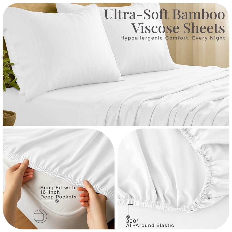 Cooling Sateen Lux Decor 100% Organic Viscose - 4 Piece Ultra-Soft Luxury Cooling Bed Sheets, 16" Deep Pocket, Breathable & Hypoalle... - Cooling Hotel Quality Bedding Sheets and Pillowcases Detail