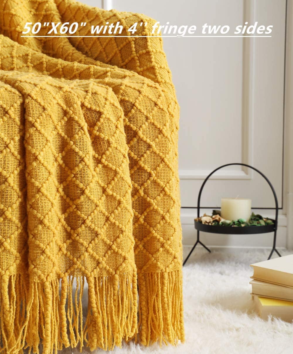 Super Soft Flannel Decorative Soft Spring Summer Fall Throw Blanket ,for Couch Sofa Chair Bed,50''X60'',Mustard Yellow - Super Soft Reversible Sherpa Flannel Blanket Detail