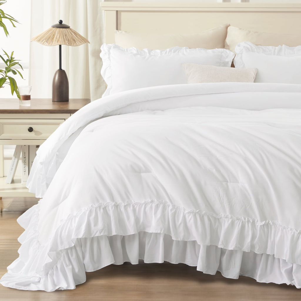 Heavyweight Warmth Queen Comforter Set White - 3 Pieces Soft Fluffy Ruffle Bedding Comforter Sets for Queen Bed, All Season Farmhouse Li... - Luxurious Quilted Duvet Cover Set Detail
