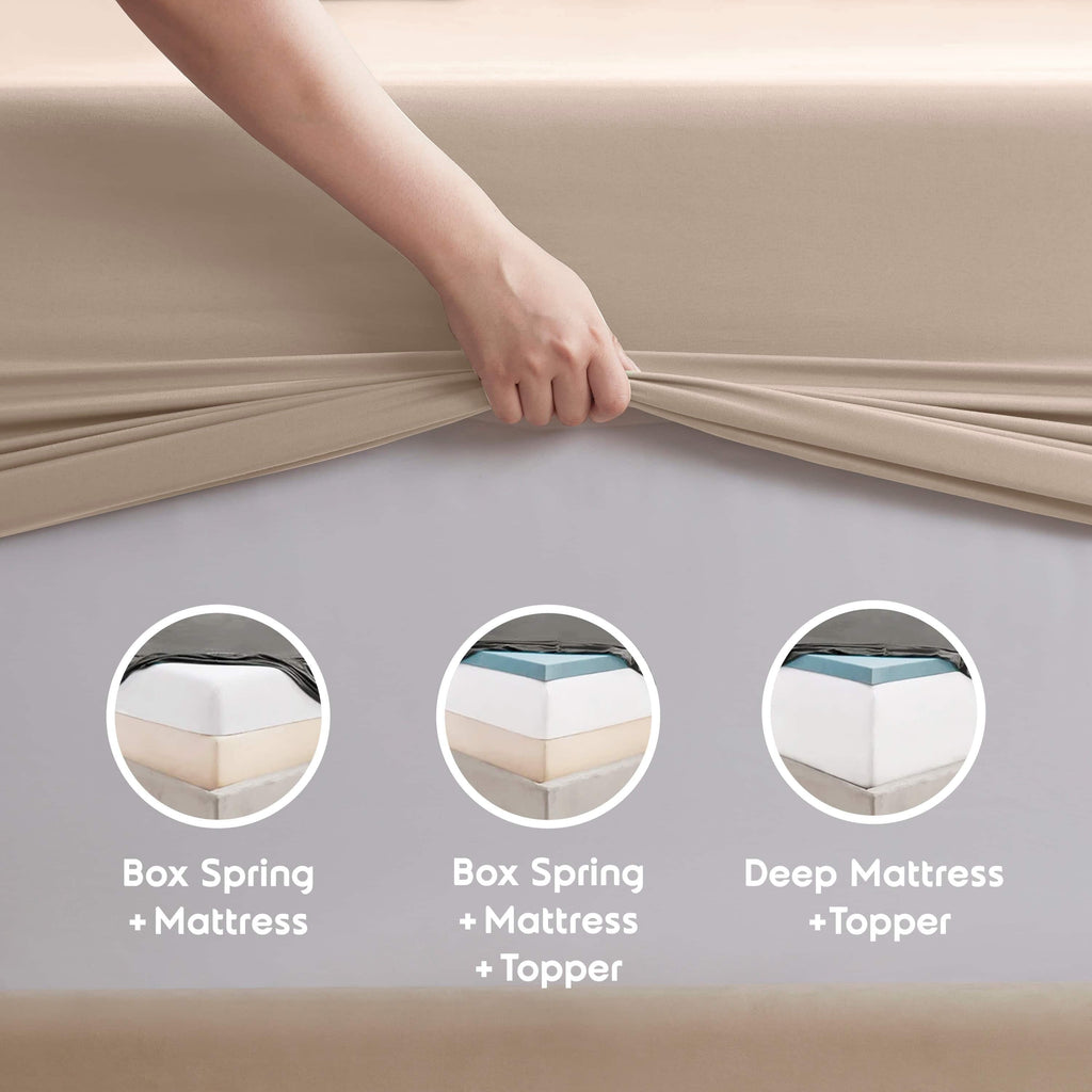 Cooling Sateen King Sheet Sets, 1800 Series Deep Pocket 4 Piece, Luxury Soft Microfiber Bed Sheet Sets, BEIGE CREAM - Breathable Egyptian Cotton Flat & Fitted Sheets Detail