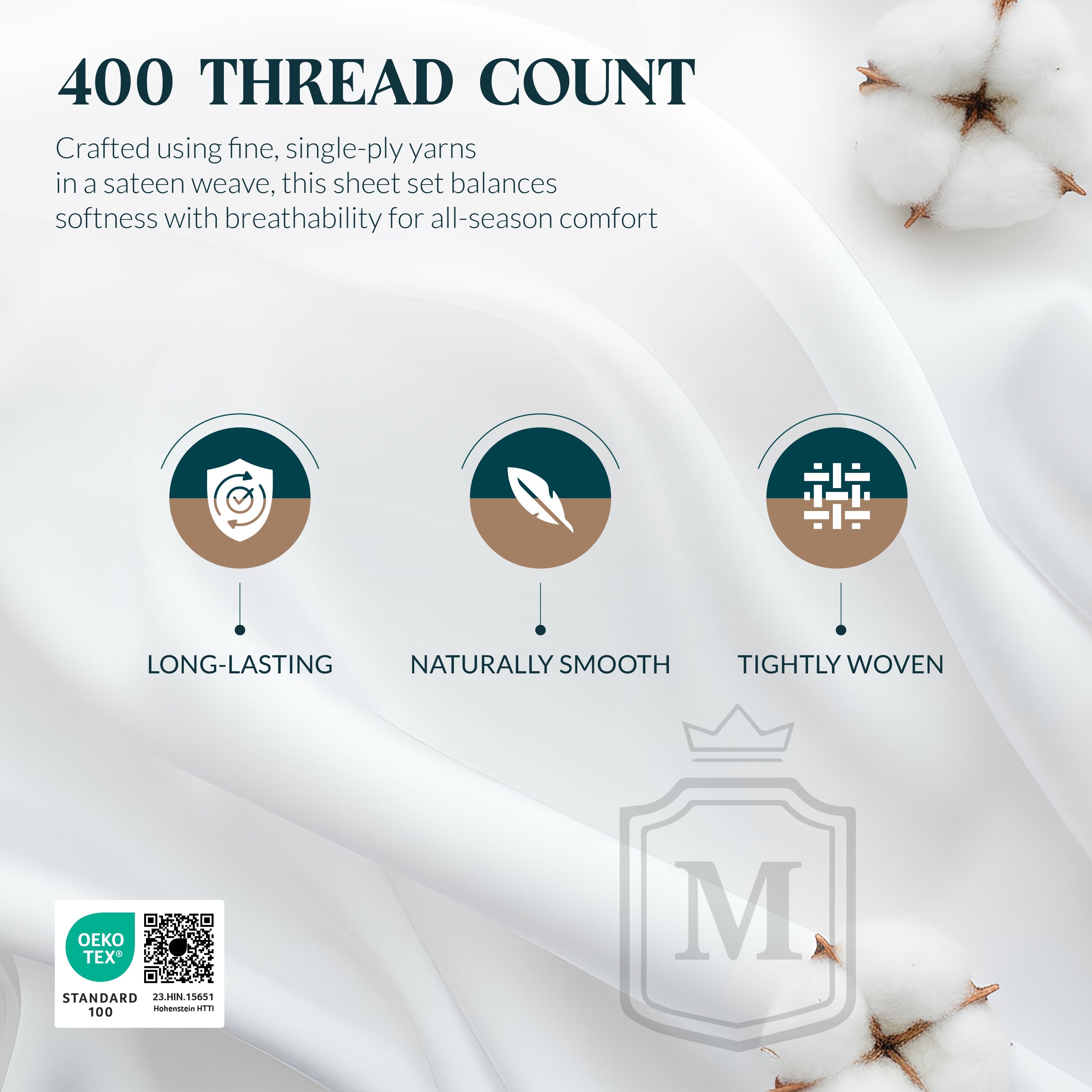 Cooling Sateen 100% Cotton Sheets For Queen Size Bed - Luxury 400 Thread Count Queen Sheet Set, 4 Piece Sateen Weave Queen White Cot... - Premium Ultra-Soft Pillowcase Pair for Sleeping Detail