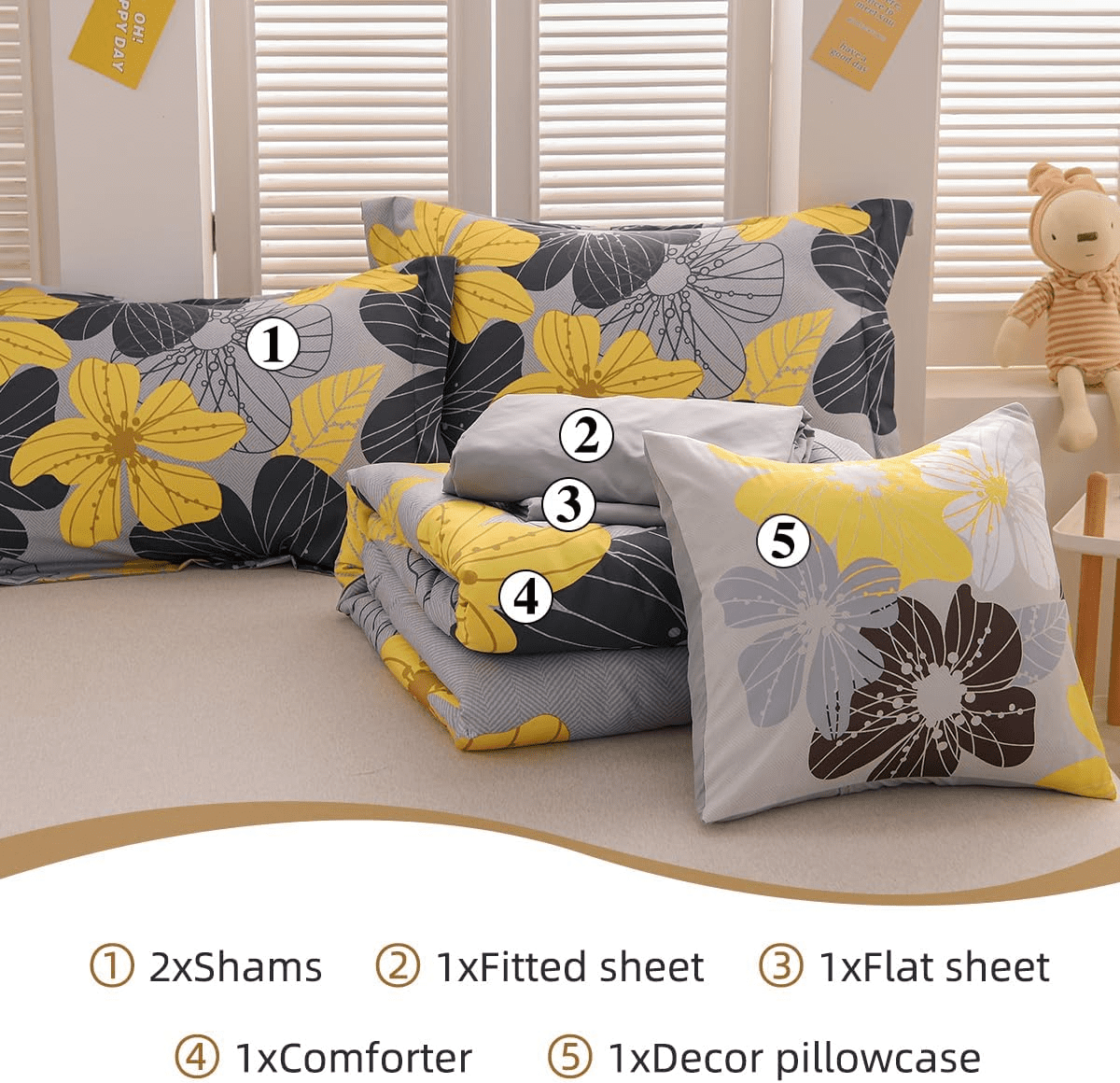 Hypoallergenic Cloud Yellow Floral Comforter Set Queen Flower Bed Set Adult Soft Botanical Boho Bedding Set - Cloud-Like Soft Lightweight Bed Comforter Detail