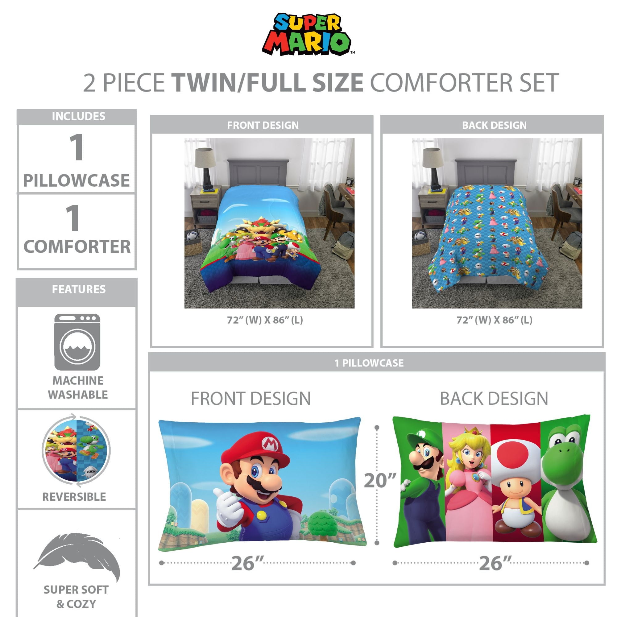 Heavyweight Warmth Kids Comforter and Pillowcase, 2-Piece Set, Twin/Full, Reversible - Cloud-Like Soft Lightweight Bed Comforter Detail