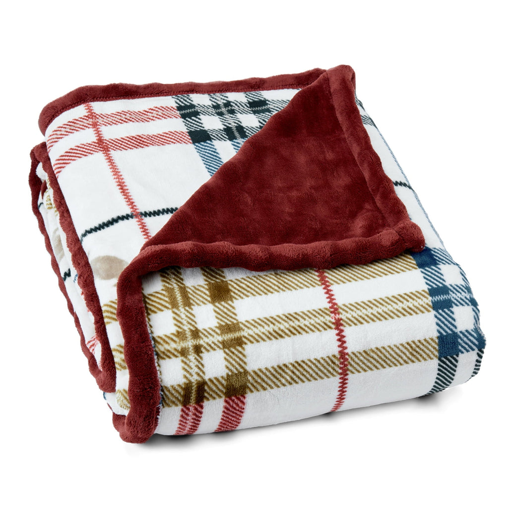 Reversible Sherpa Academic Plaid Tartan Crest with Faux Leather Patch and Milky Mink Reverse Throw, 60x70 inches - Super Soft Reversible Sherpa Flannel Blanket Detail