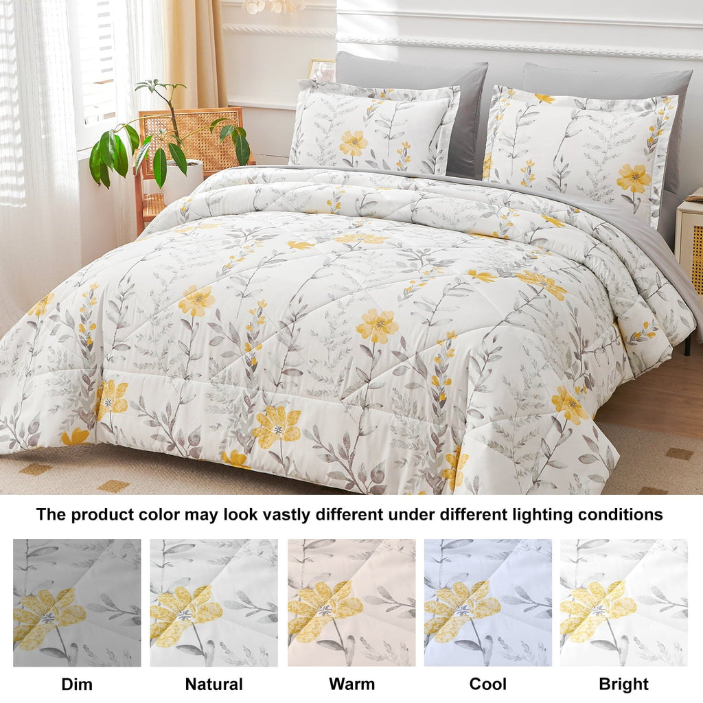 Luxurious Quilted 3 Piece Comforter Set Queen Yellow Floral Quilt Microfiber Patchwork Bedspread - Cloud-Like Soft Lightweight Bed Comforter Detail
